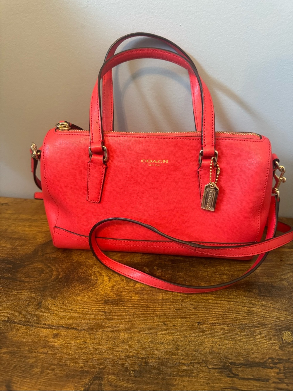 Coach F49392 Coral Pink Saffiano Leather Satchel Crossbody Bag Gold Tone